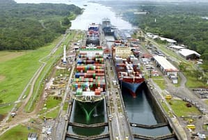 Container Ships pass throught the Gatun Locks in the Panama Canal