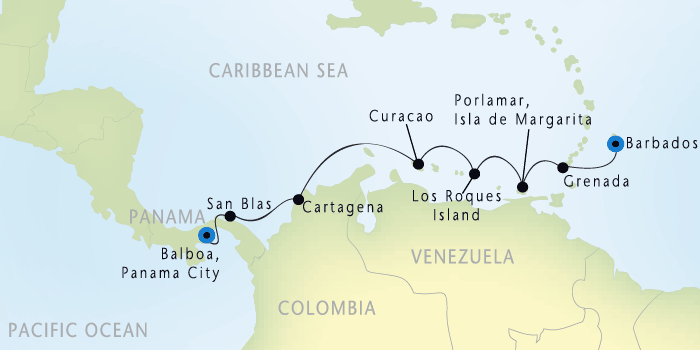 The map of Seadream I 2013 voyage through Caribbean and Panama Canal